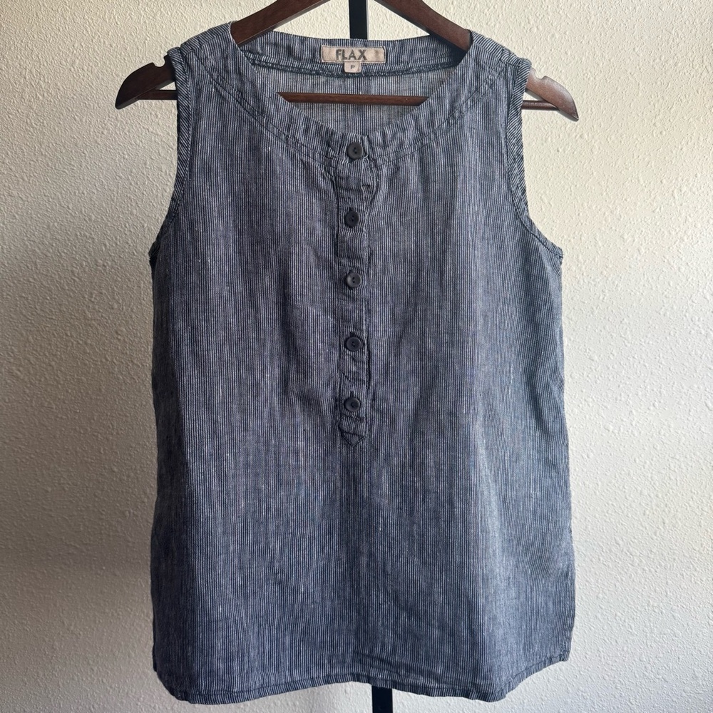 Flax Women's Blue Linen Blend Button-Front Tank Top